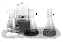 Химический хамелеон: А – исходный малиновый раствор; продукты реакции: 1 – бесцветный раствор; 2 – бесцветный раствор с бурым осадком; 3 – ярко-зеленый раствор